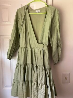 Gianni Bini Sage Green Tiered V-Neck Midi Wrap Dress